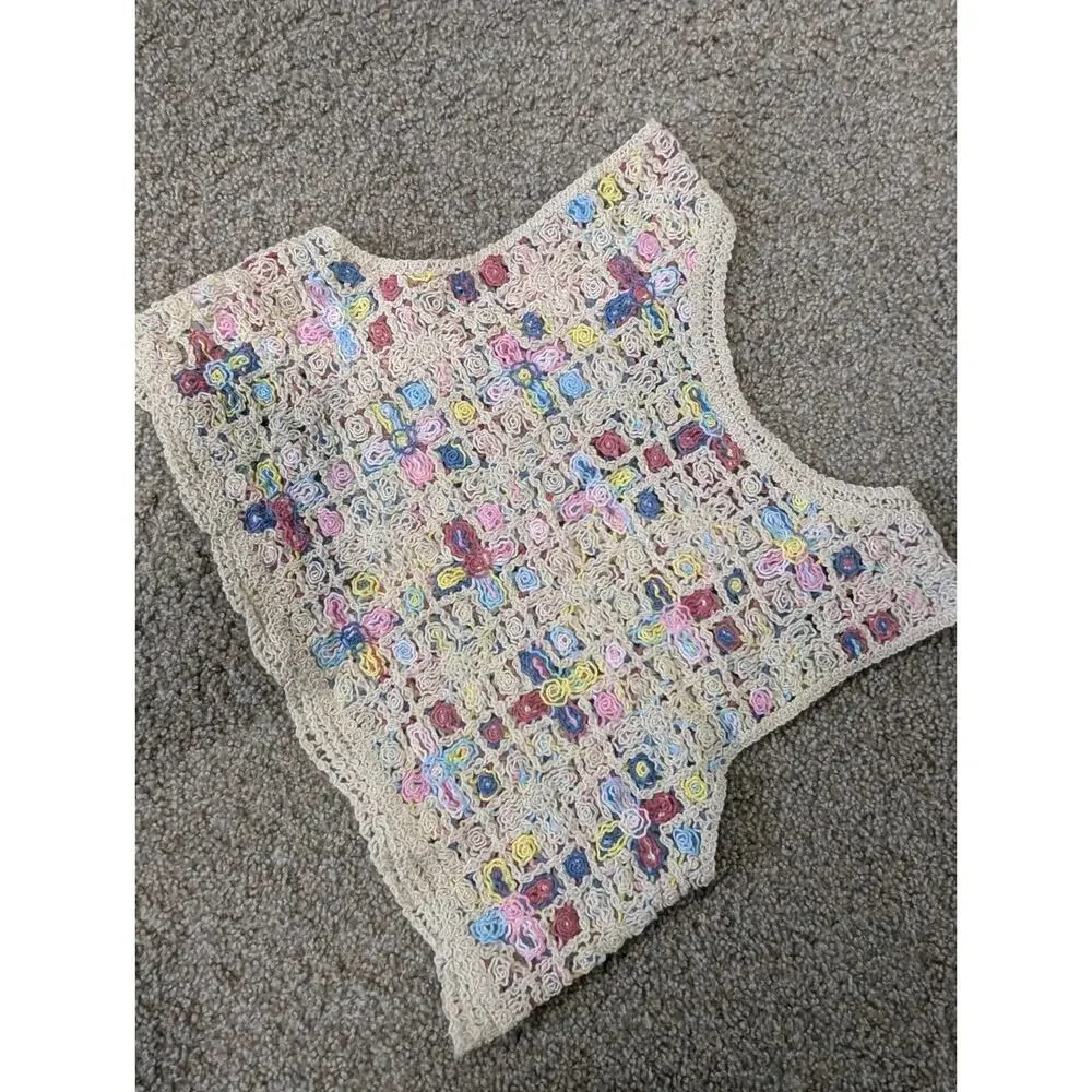 SHEIN Crochet Vest Small Boho Floral Cream Multi Color Button Up Crop Shrug Knit